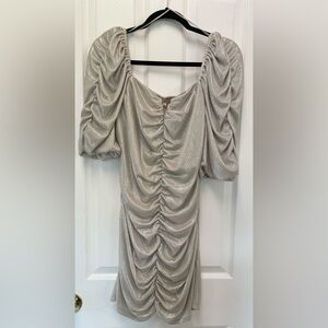 Skies are Blue Metallic Champagne Ruched Puffed Sleeve Bodycon Mini Dress Size L